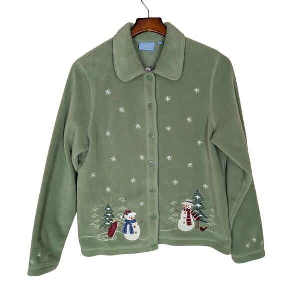 Croft & Barrow Sport Embroidered Snowman Cardigan Green Fleece Women's Medium - Picture 1 of 8